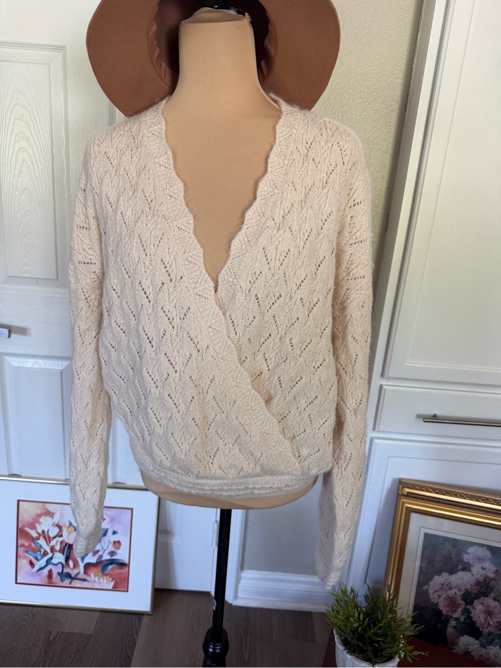 Women's Cream Scalloped V-Neck Wrap Sweater